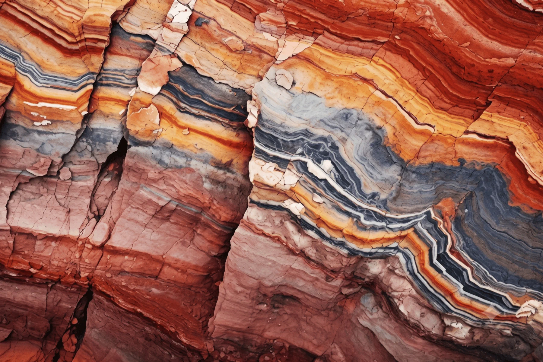 Close-up of a rock face with wavy, colorful geological layers in red, orange, white, and dark blue-grey.