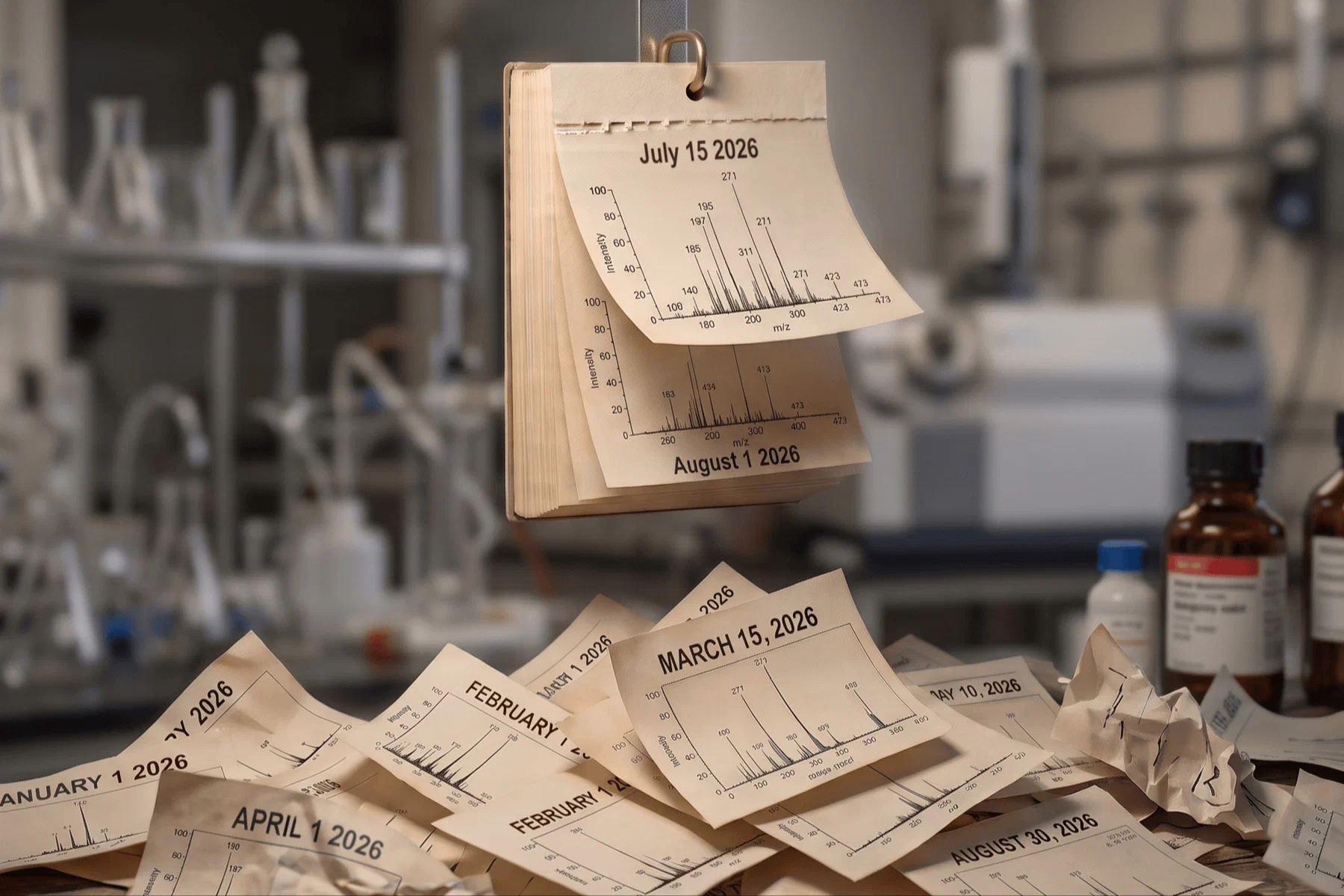 A daily tear-off calendar hanging in a mass spectrometry lab, each page printed with a mass spectrum instead of a date's schedule; a growing pile of torn-off, crumpled pages litters the bench below.